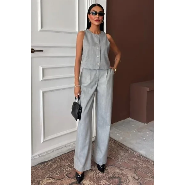 Yelek Plazzo Pantolon Çizgili Flamlı Poliviscon Takım 10178