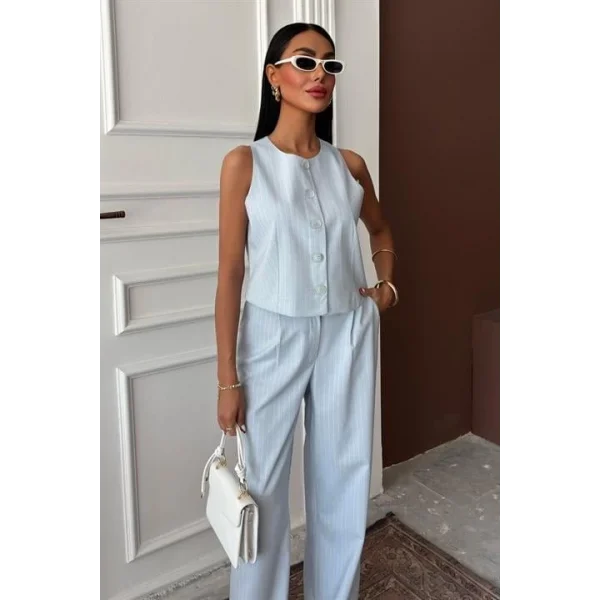 Yelek Plazzo Pantolon Çizgili Flamlı Poliviscon Takım 10178