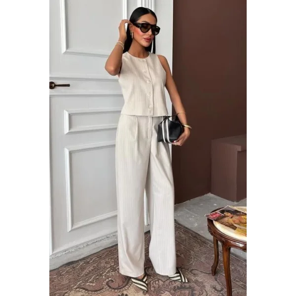 Yelek Plazzo Pantolon Çizgili Flamlı Poliviscon Takım 10178