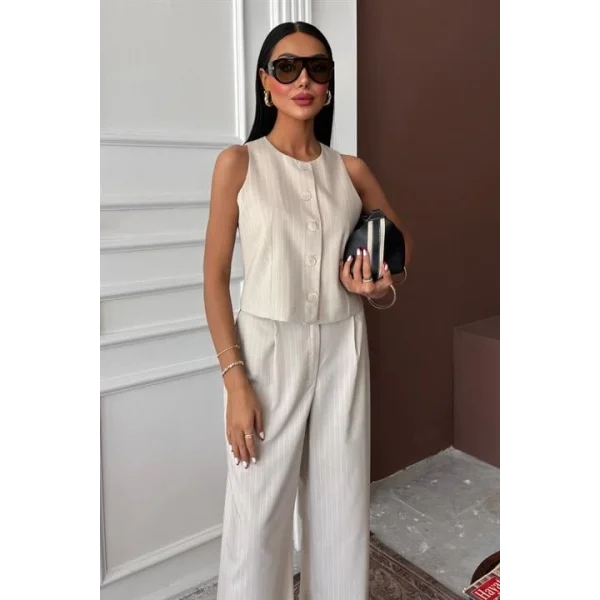 Yelek Plazzo Pantolon Çizgili Flamlı Poliviscon Takım 10178