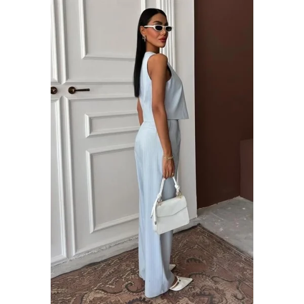 Yelek Plazzo Pantolon Çizgili Flamlı Poliviscon Takım 10178