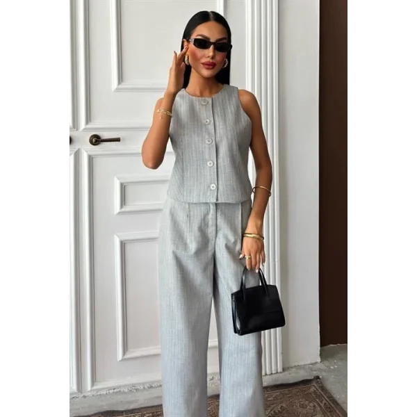 Yelek Plazzo Pantolon Çizgili Flamlı Poliviscon Takım 10178