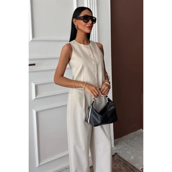 Yelek Plazzo Pantolon Çizgili Flamlı Poliviscon Takım 10178