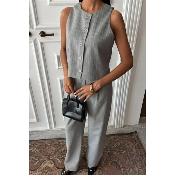 Yelek Plazzo Pantolon Çizgili Flamlı Poliviscon Takım 10178