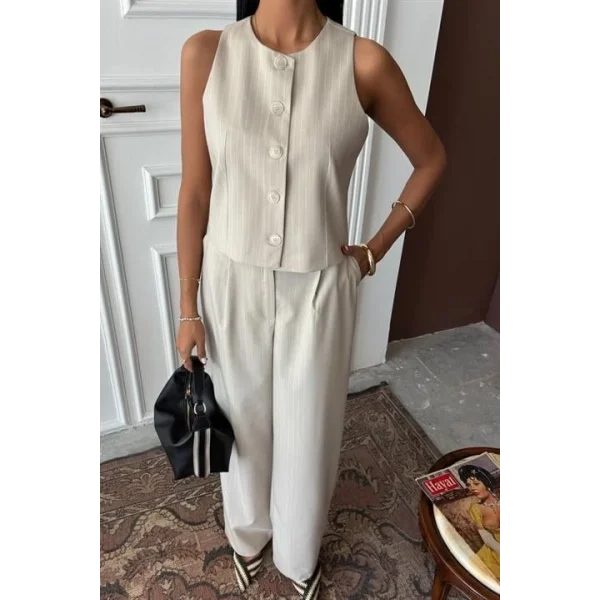 Yelek Plazzo Pantolon Çizgili Flamlı Poliviscon Takım 10178