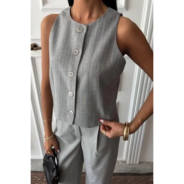 Yelek Plazzo Pantolon Çizgili Flamlı Poliviscon Takım 10178