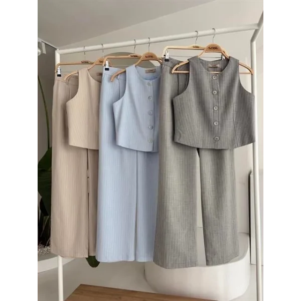 Yelek Plazzo Pantolon Çizgili Flamlı Poliviscon Takım 10178