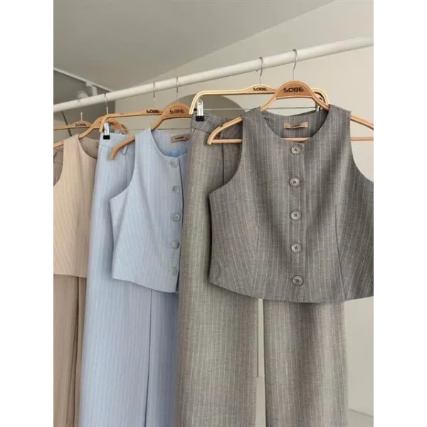 Yelek Plazzo Pantolon Çizgili Flamlı Poliviscon Takım 10178