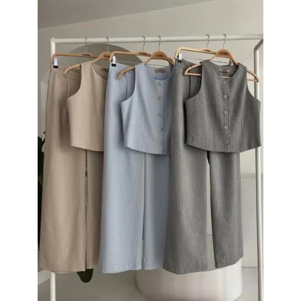 Yelek Plazzo Pantolon Çizgili Flamlı Poliviscon Takım 10178