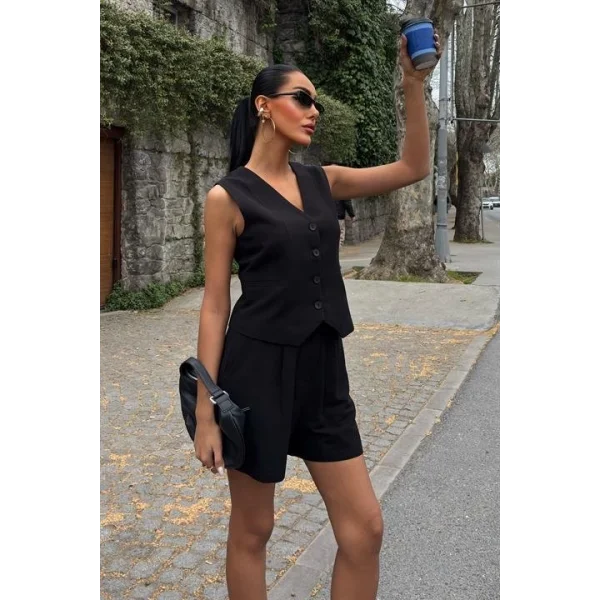 Yelek Şort Flamlı Keten Takım 10133-17