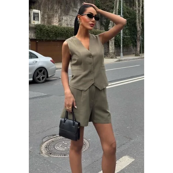 Yelek Şort Flamlı Keten Takım 10133-17