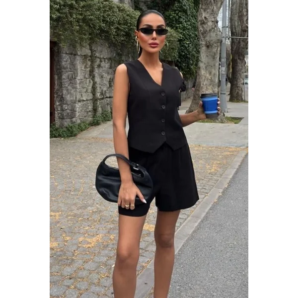 Yelek Şort Flamlı Keten Takım 10133-17