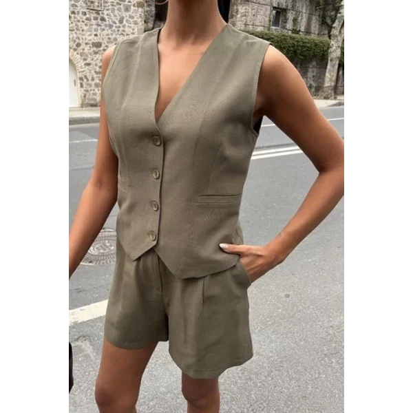 Yelek Şort Flamlı Keten Takım 10133-17