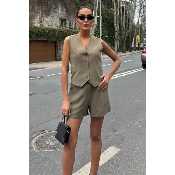 Yelek Şort Flamlı Keten Takım 10133-17