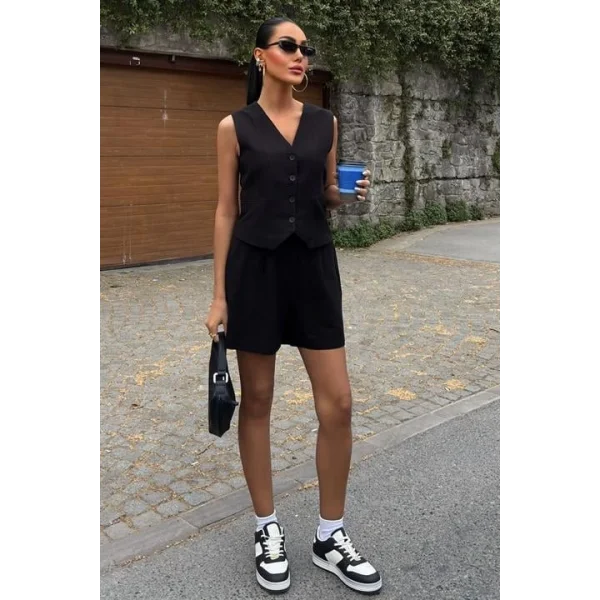 Yelek Şort Flamlı Keten Takım 10133-17