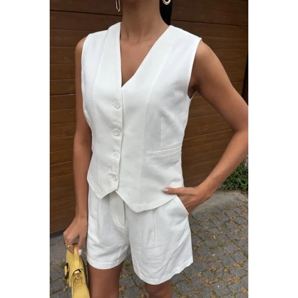 Yelek Şort Flamlı Keten Takım 10133-17