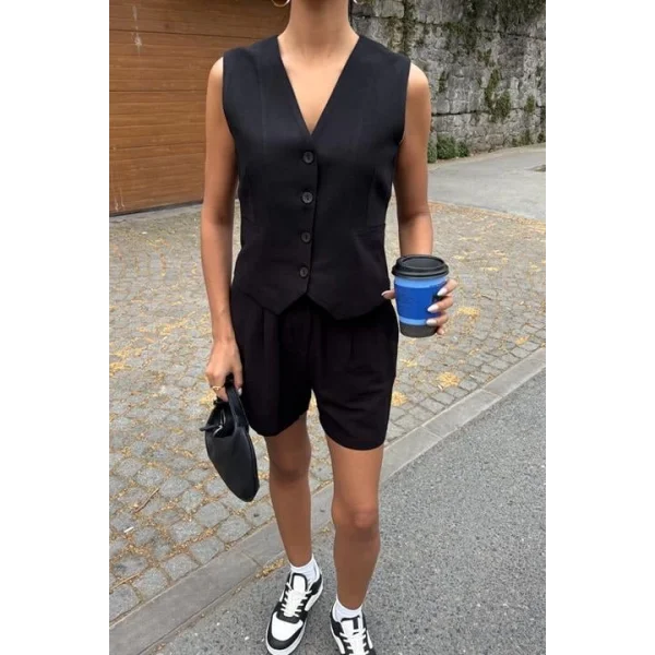 Yelek Şort Flamlı Keten Takım 10133-17