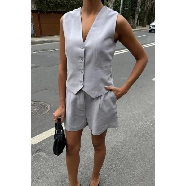 Yelek Şort Flamlı Keten Takım 10133-17