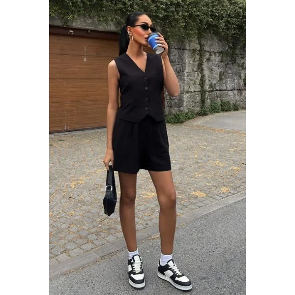 Yelek Şort Flamlı Keten Takım 10133-17