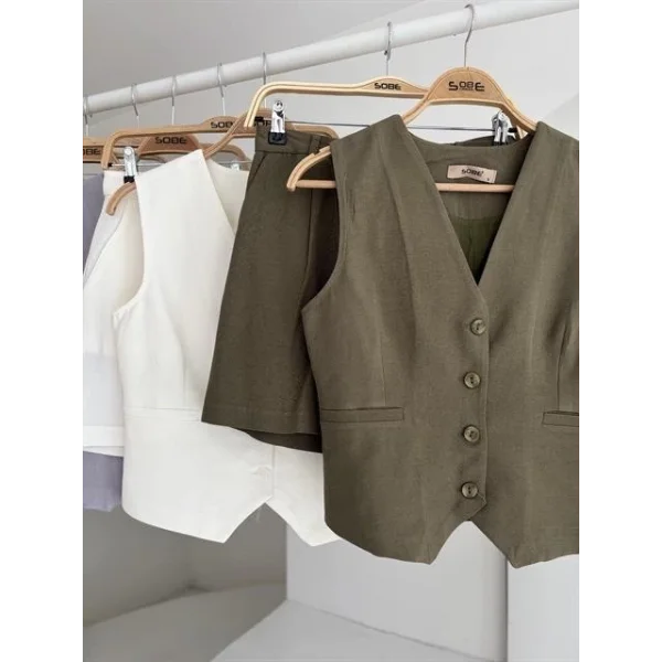 Yelek Şort Flamlı Keten Takım 10133-17