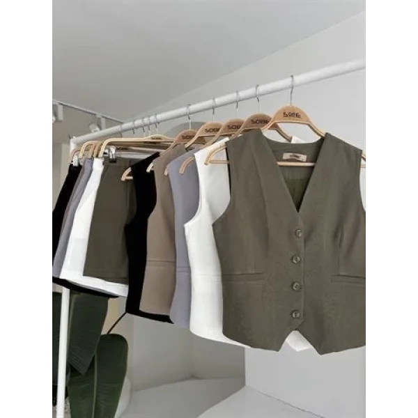 Yelek Şort Flamlı Keten Takım 10133-17