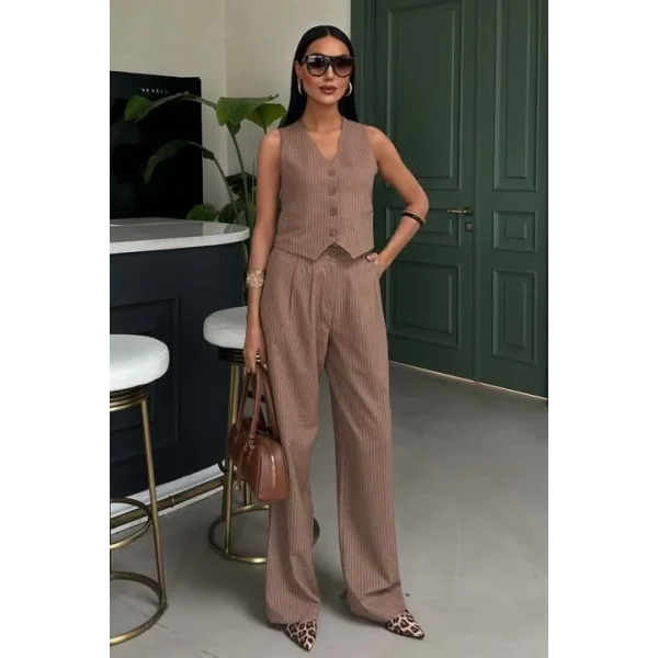 Yelek Ve Pantolon Çizgili Double Takım 10017