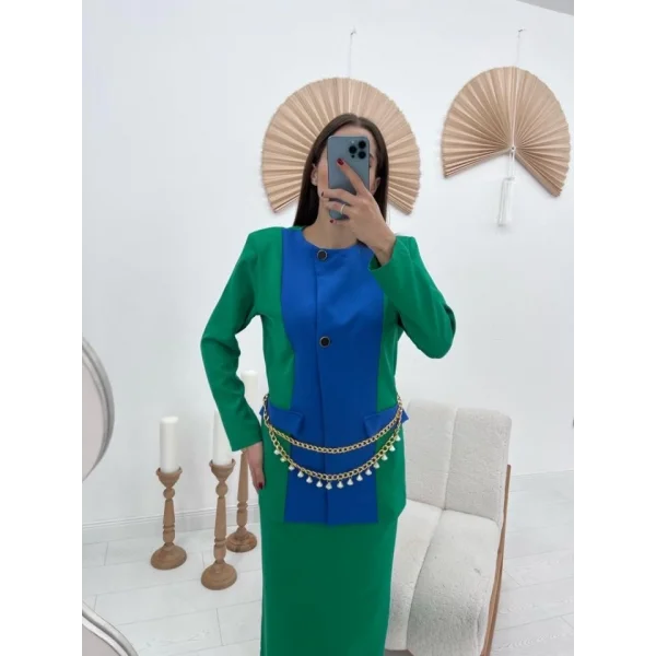 Yeşil Atlas Kumaş Garnili Ceket Ve Etek Takım