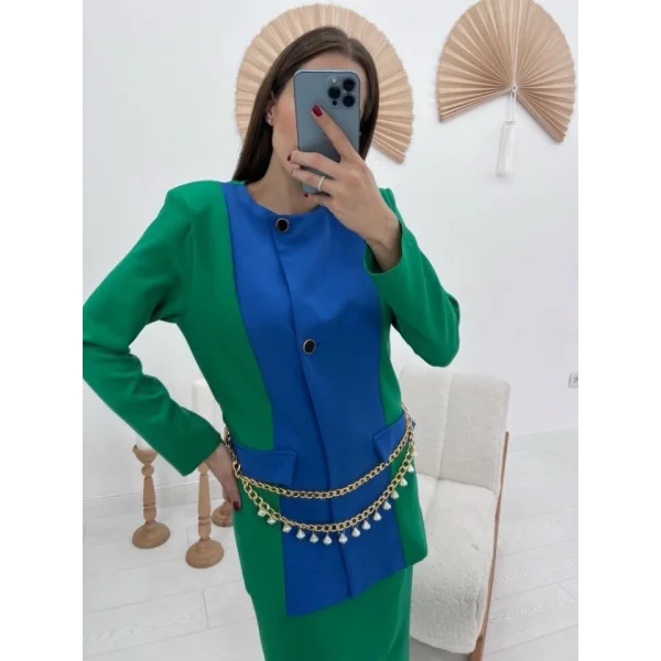 Yeşil Atlas Kumaş Garnili Ceket Ve Etek Takım