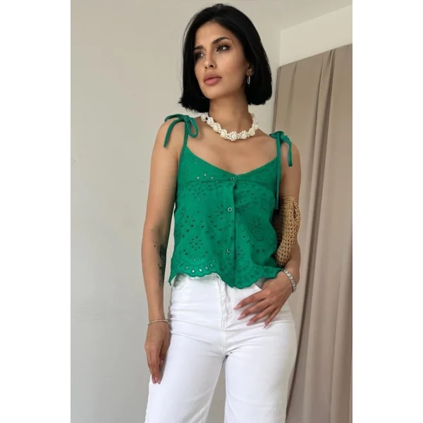 Yeşil Bağcıklı Brode Bluz