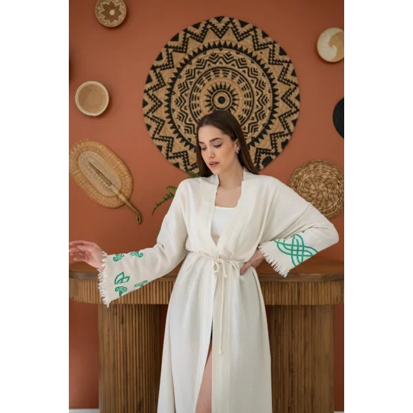 Yeşil Baskı Detay Keten Hırka