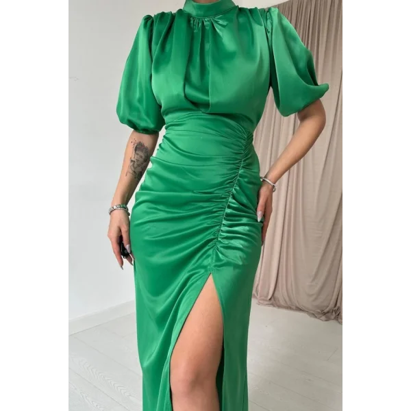 Yeşil Büzgülü aten Elbise