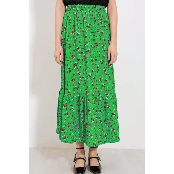 Yeşil Çiçek Desenli Uzun Örme Etek 1886
