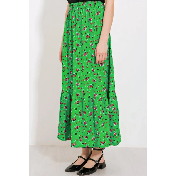 Yeşil Çiçek Desenli Uzun Örme Etek 1886