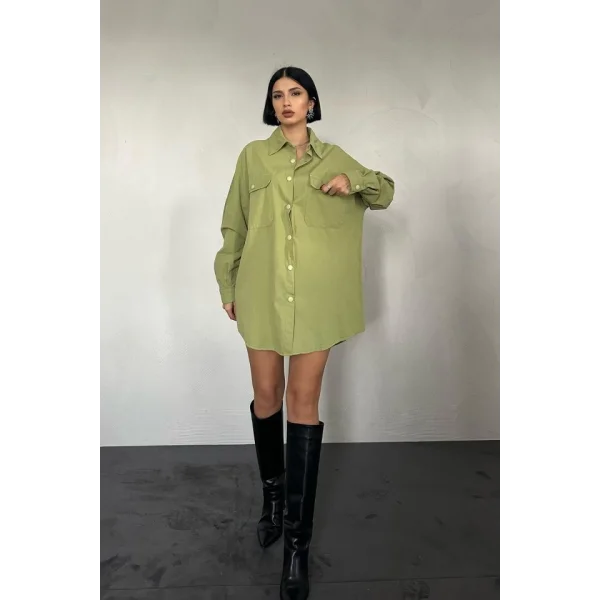 Yeşil Çift Cep Kapaklı Çıtçıtlı Gömlek