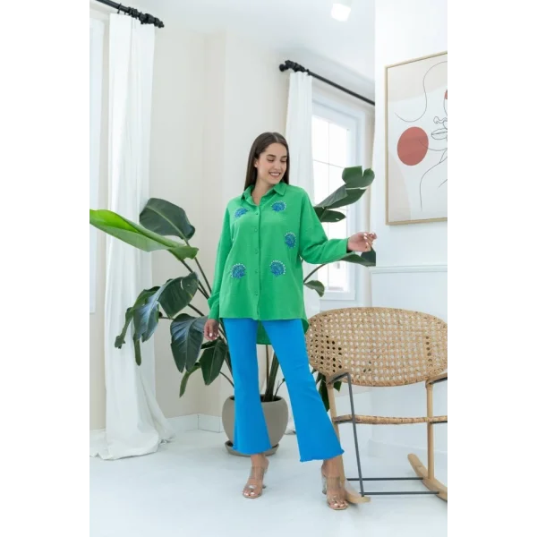 Yeşil Deniz Kabuk Desenli Gömlek