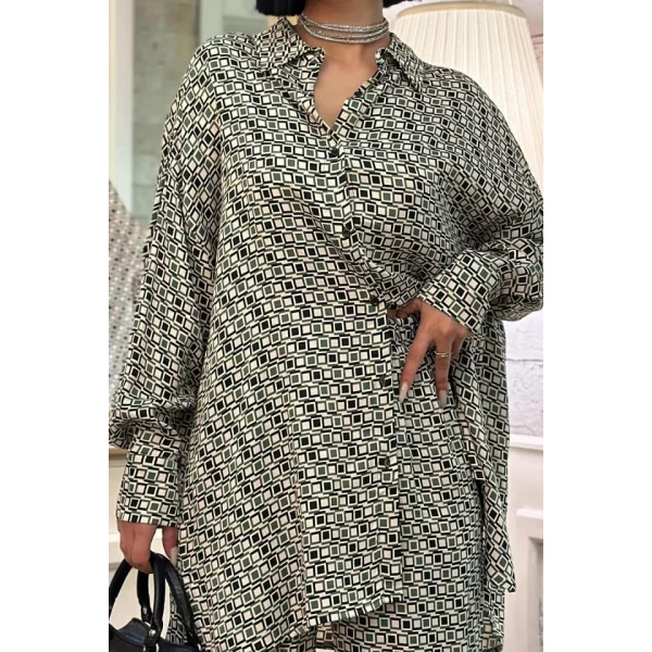 Yeşil Dijital Desenli Gömlek Ve Pantolon Takım