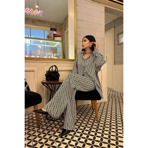 Yeşil Dijital Desenli Gömlek Ve Pantolon Takım