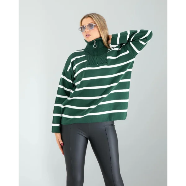 Yeşil Dik Yaka Çizgili Triko Kazak