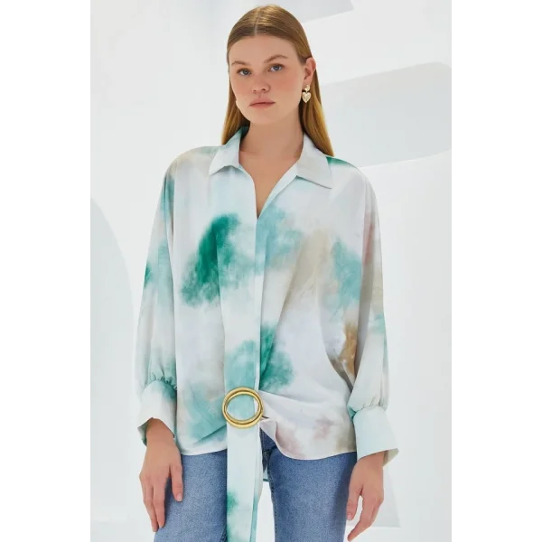 Yeşil Ekru Oversize Dökümlü Saten Gömlek 907