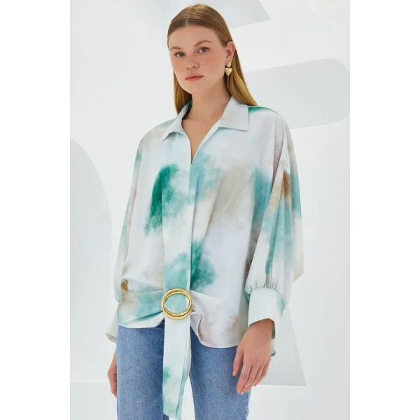 Yeşil Ekru Oversize Dökümlü Saten Gömlek 907
