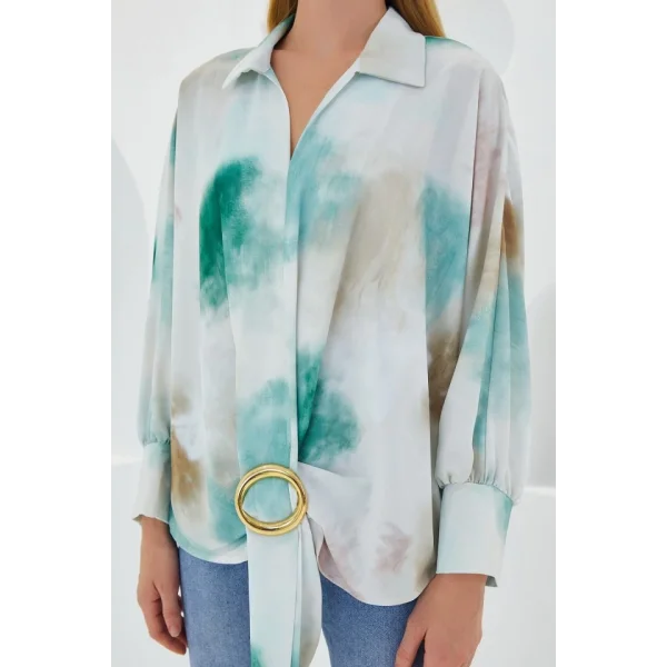 Yeşil Ekru Oversize Dökümlü Saten Gömlek 907