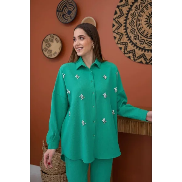 Yeşil Gömleği Taşlı Fitilli Takım