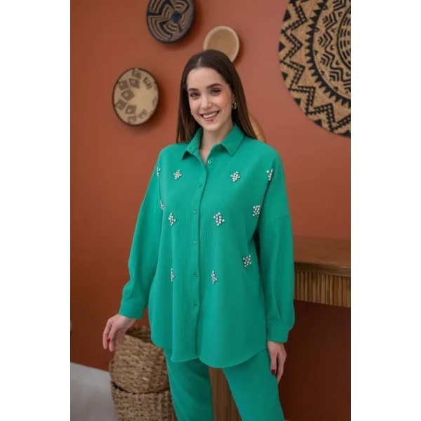 Yeşil Gömleği Taşlı Fitilli Takım