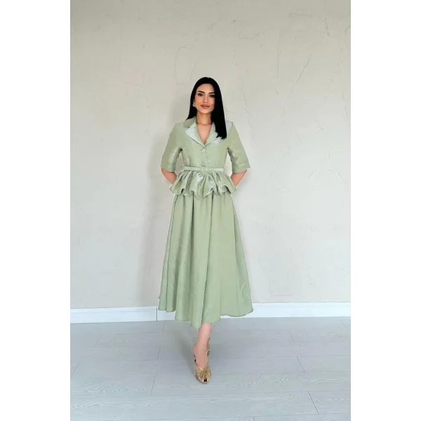 Yeşil İnce Kemerli Fırfırlı Ceket Ve Büzgülü Etek Takım