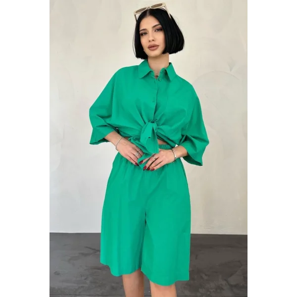 Yeşil Kısa Kollu Keten Gömlek Ve Şort Takım