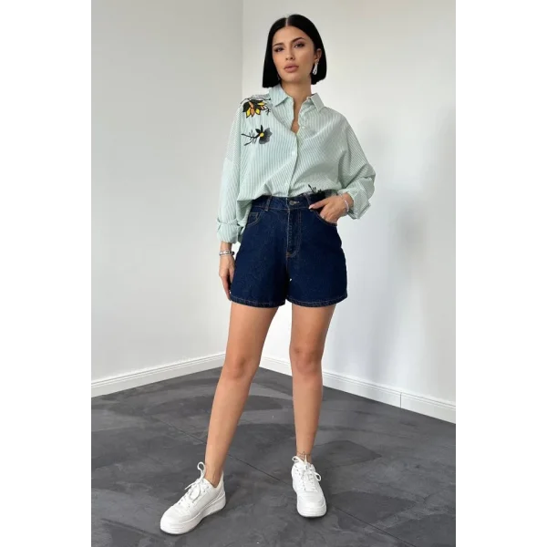 Yeşil Klasik Bedensiz Çizgili Poplin Nakışlı Gömlek