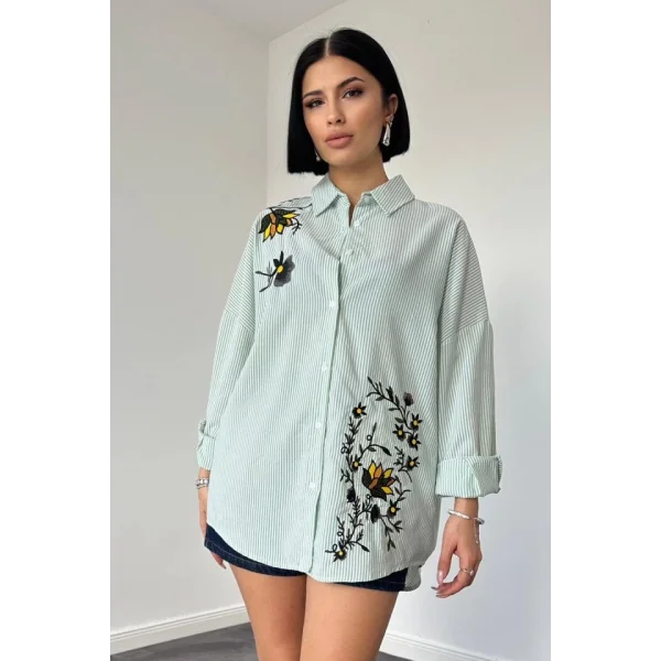 Yeşil Klasik Bedensiz Çizgili Poplin Nakışlı Gömlek