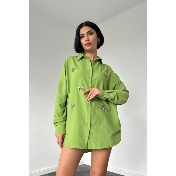 Yeşil Klasik Kalıp El İşlemeli Gömlek