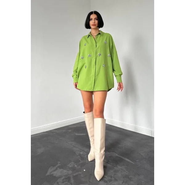 Yeşil Klasik Kalıp El İşlemeli Gömlek