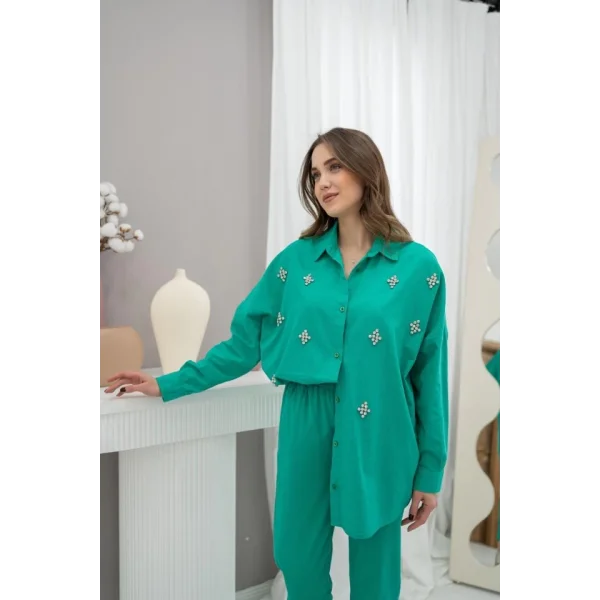 Yeşil Klasik Taşlı Keten Takım Takım